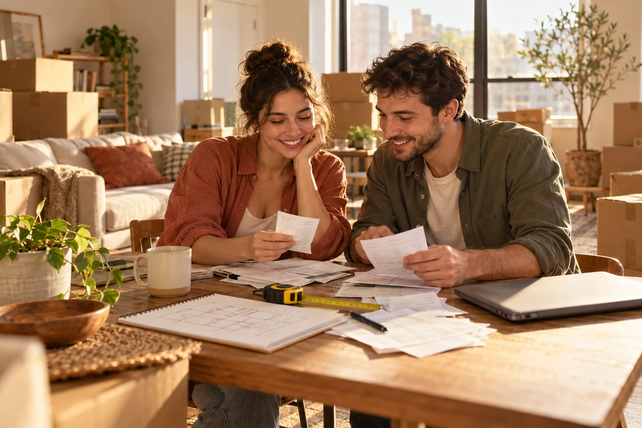 A couple organizing paperwork and measurements among moving boxes in a bright apartment.
