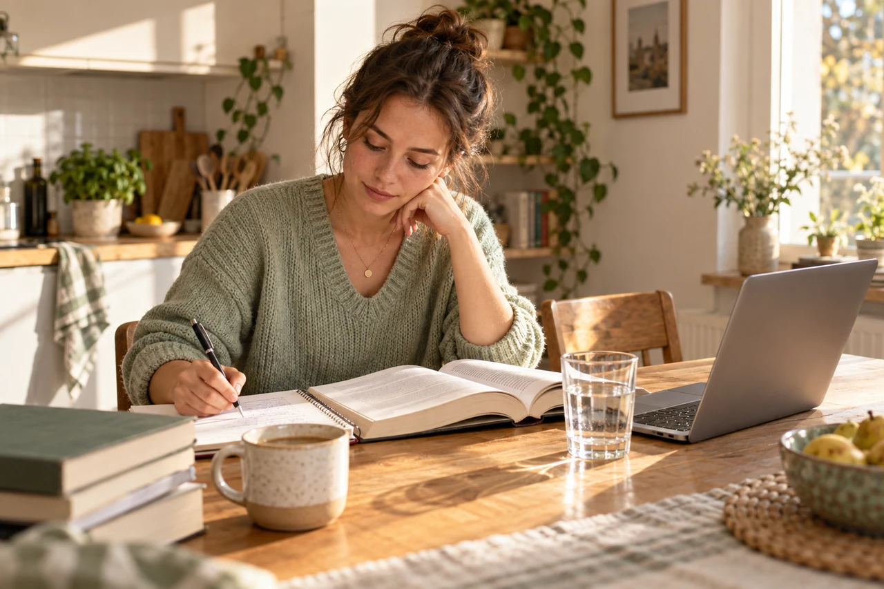 An adult student reading at a sunlit kitchen table with a notebook and laptop.