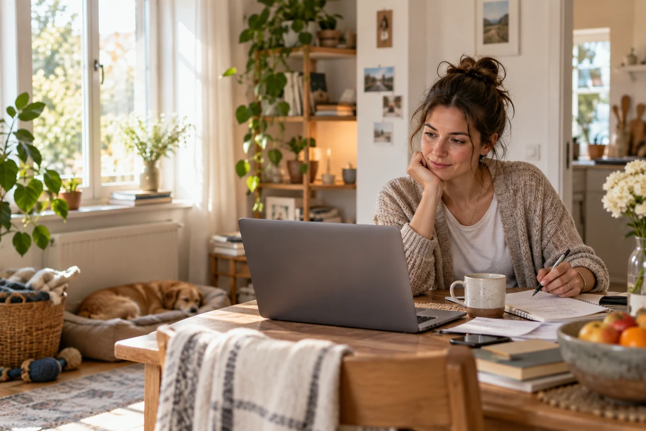 An adult working in a sunny home office with a laptop and handwritten notes.